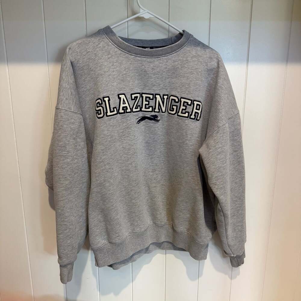 Vintage Slazenger Sweatshirt Grey Embroidered Spell Out Jumper